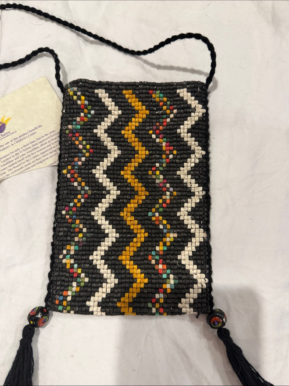 Handwoven Black Beaded Crossbody Bag with Chevron Pattern